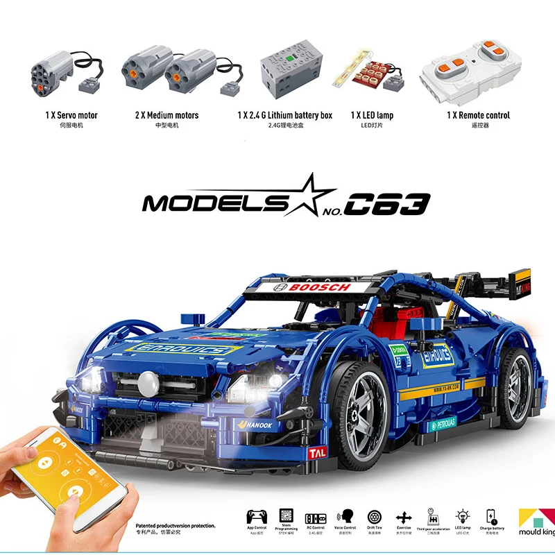13073 Technic Series MOC-6687 Blue Sport Racing Car Set With Battery Motor Building Blocks Bricks App Control Toys For Children