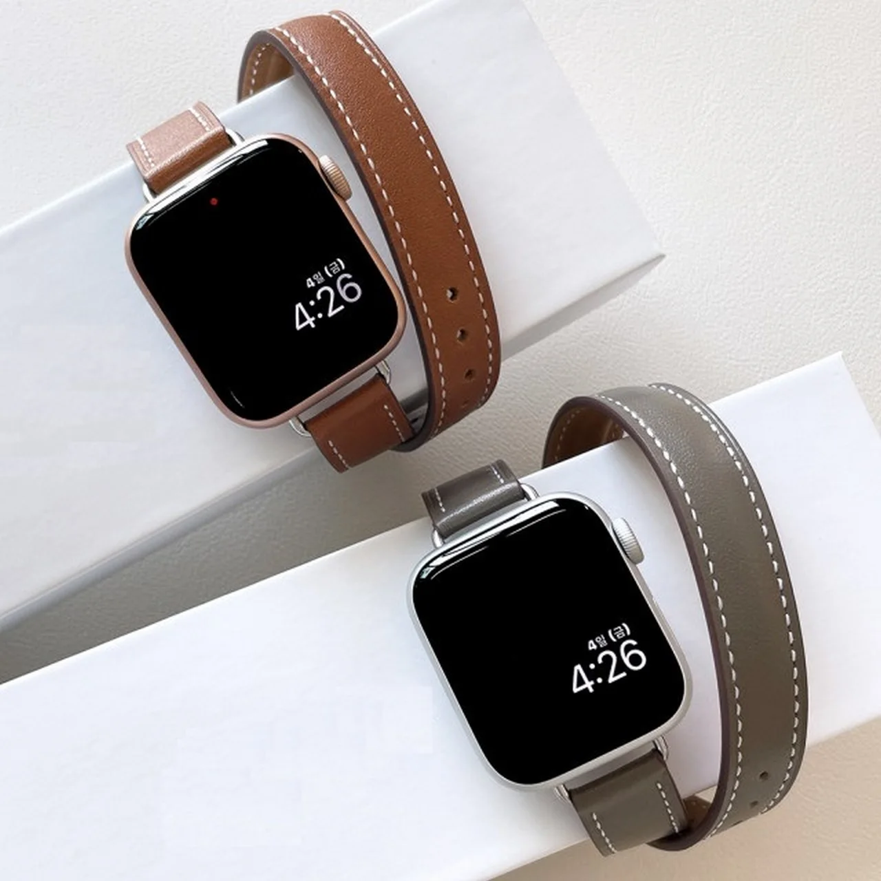 Ремешок из натуральной кожи для Apple Watch Band Series 7 6 5 4 Se тонкий двойной браслет на