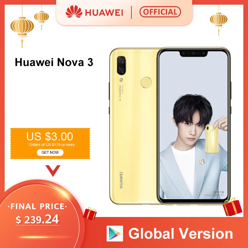  Global Version Huawei Nova 3 6GB 128GB Smartphone 24MP Dual Cameras 24MP Front Camera 6.3'' Full Sc