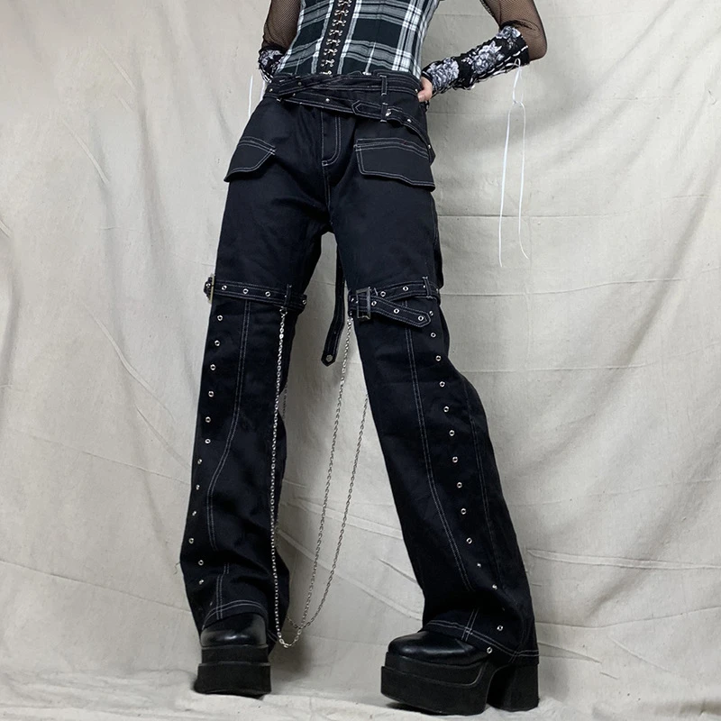 Gothic Emo Alt Cargo Pants Techwear Hippie Baggy Jeans Mom Goth Punk Black Denim Trousers Cyber