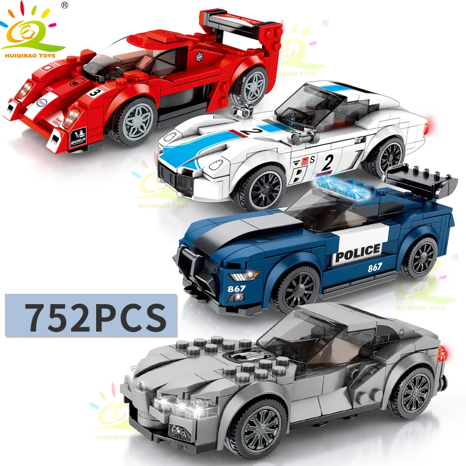Cena HUIQIBAO zabawki 752 sztuk policja miejska samochód wyścigowy klocki dla dzieci Legoingly prędkość mistrzów Super racer zestaw figurek cegły