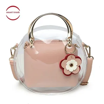 

Transparent Bag Summer Clear Woman Crossbody Bags Fashion Circular mini Compound Handbags lovely with Floral women Shoulder bags