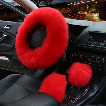 

3 Pcs/set High Quality Winter Wool Car Steering Wheel Cover Heated Fur Steering Wheel Cover Handbrake Gear Shifter Cover