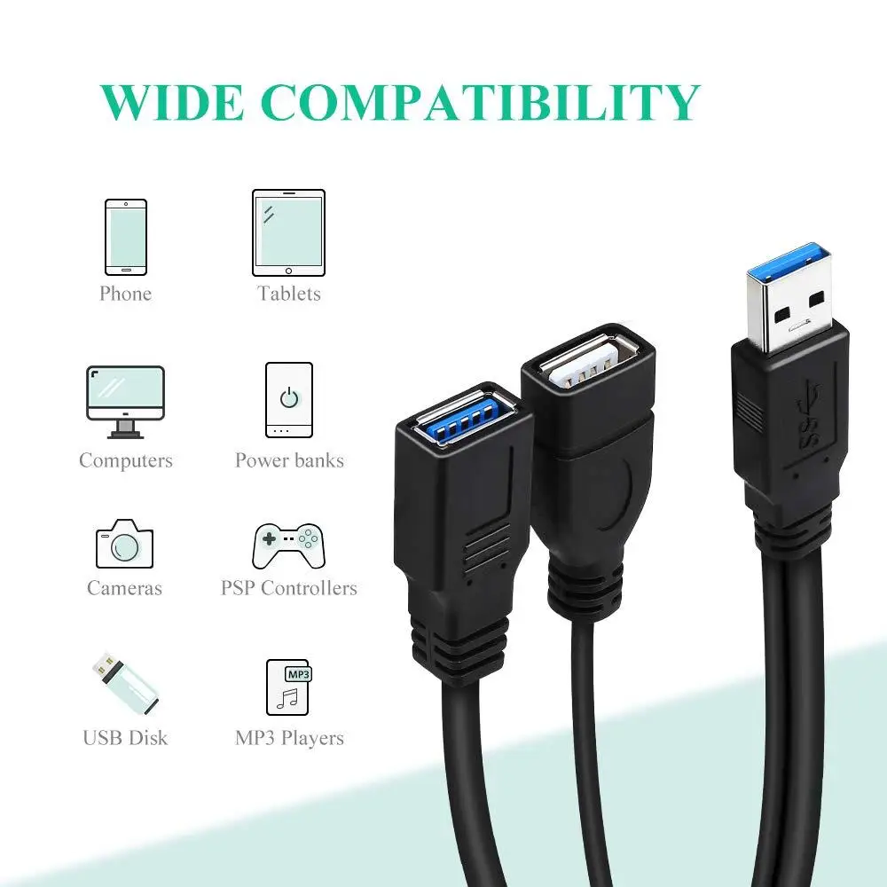 USB 3,0 Cable divisor USB 3,0 macho A Dual USB A hembra Jack Y Hub USB del cargador del divisor Y transferencia de datos Cable de extensión