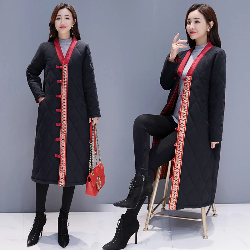 

Winter clothes national windmill button cotton and hemp stitching cotton jacket medium and long-term jacket Long coat