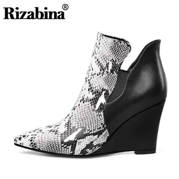 

RIZABINA Winter Boots Women Genuine Leather Pointed Toe Snakeskin Wedge Heel Black Botas Warm Footwear Mujer Size 33-40