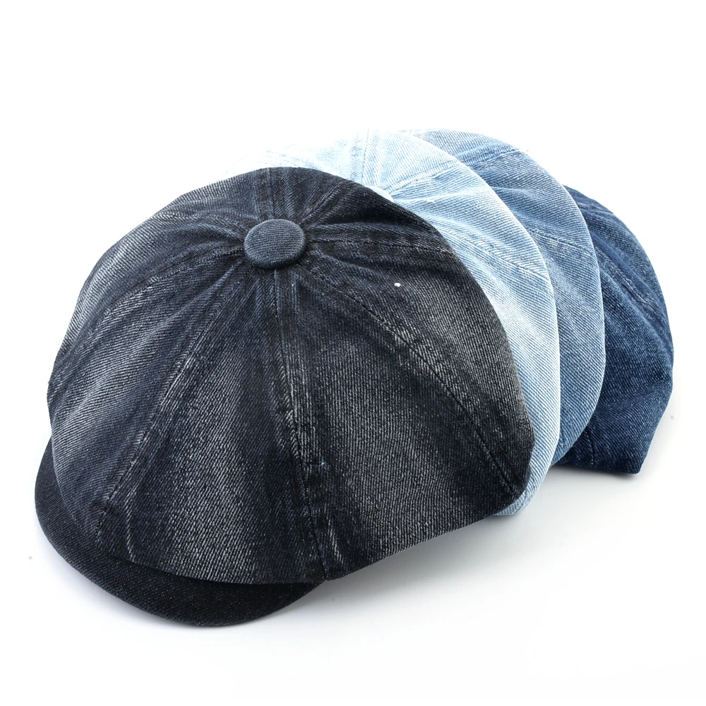 Washed denim fabric Berets Men's Autumn Fashion Newsboy Caps Retro Male Artist Flat Visor Peaked Hat Men Spring Casual Boina images - 6