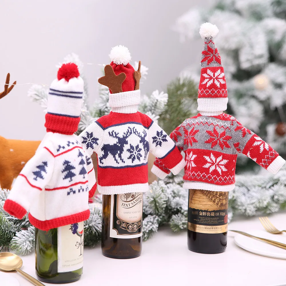 

Christmas Wine Bottle Decorations Snowman Knitting Santa Xmas Bottle Cover Cap Xmas Decor New Year 2020