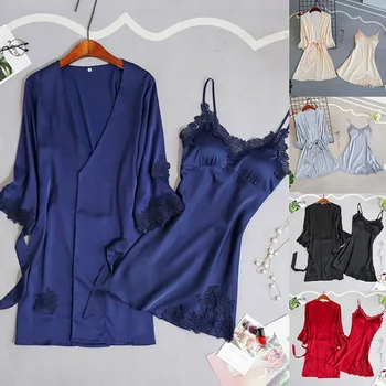 

Women Pajamas 2 Pieces Satin Sleepwear Pijama Silk Home Wear Home Clothing Embroidery Sleep Lounge Pyjama with Chest Pads