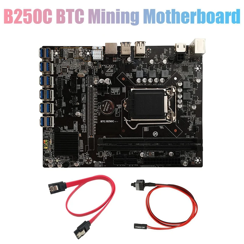 Placa base de minería B250C BTC con Cable SATA + Cable de interruptor 12XPCIE a USB3.0 ranura GPU LGA1151 soporte DDR4 DIMM RAM