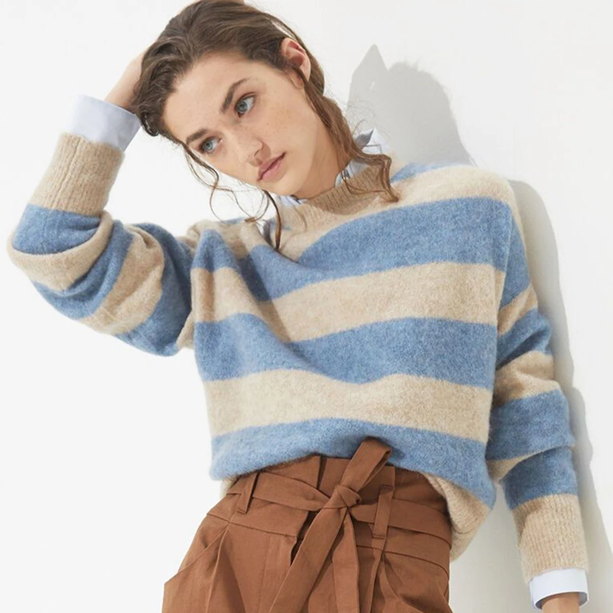 

Stripped Mohair Boyfriend Sweater Women Autumn Winter Long Sleeve Round Neck Retro Pullover Casual Vintage Sweaters Tops 2020