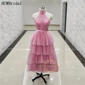 

Dusty Rose Evening Dress 2020 Real Photos Backless Tiered A Line Tea Length Lace Up Short Women Party Gowns Robe De Soiree Curto