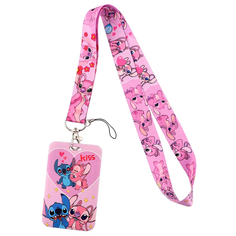 YQ776 Stitch and Pink Angel Lanyard Travel ID Card Cover Badge Holder Cartoon Keychain Neck Strap Telephone Cord Lariat