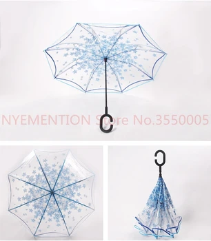

20pcs Transparent Reverse Umbrella Double Layer Cherry Blossoms Inverted Umbrella Rain Women C-handle Windproof