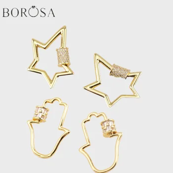 

BOROSA Gold Star Hamsa Hand Spiral Screw Clasp Pendant Connector Micro Paved CZ Fastener Clasp for Women Necklace Jewelry WX1346