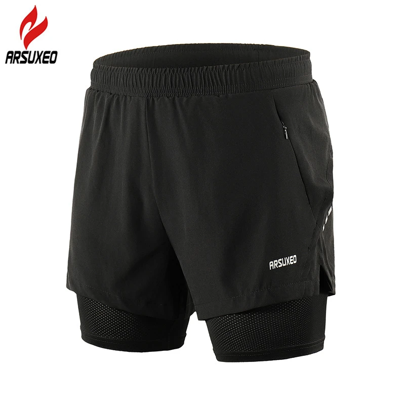 Online Pantalones cortos reflectantes para correr ARSUXEO transpirables 2 en 1 para gimnasio, entrenamiento, ejercicio, Jogging, pantalones cortos con bolsillo con cremallera