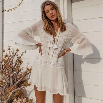 

For The Beach Swimwear Cover Up Women Swim Skirt Tunics Pareo Mesh Swimsuit Crinkled Lace Trumpet Long Sleeve Loose Animal
