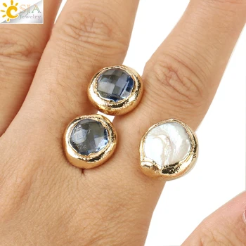 

CSJA Irregular Freshwater Pearl Cuff Rings for Fingers Resizable Gold Color Open Trinity Triple Ring Fit WeddingJewelry G261