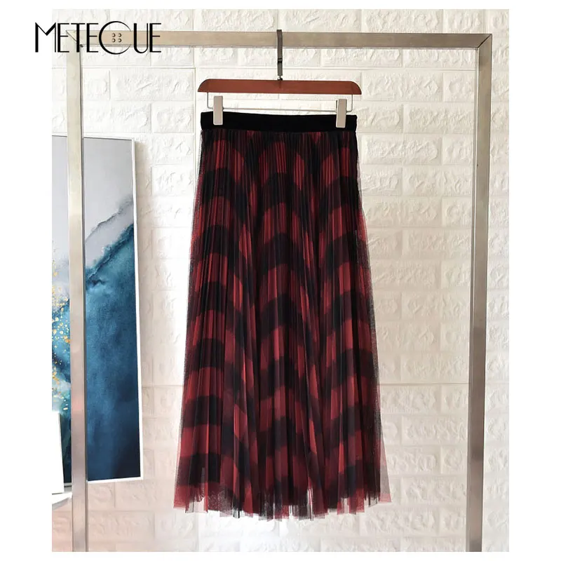 Клетчатая плиссированная сетчатая юбка осень зима модная юбка миди с высокой талией осень зима - Цвет: Красный
