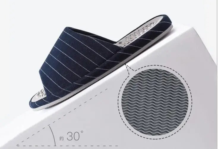Xioami New men woman spring autumn classic striped home soft massage midsole open cotton slippers Keep warm flip flop