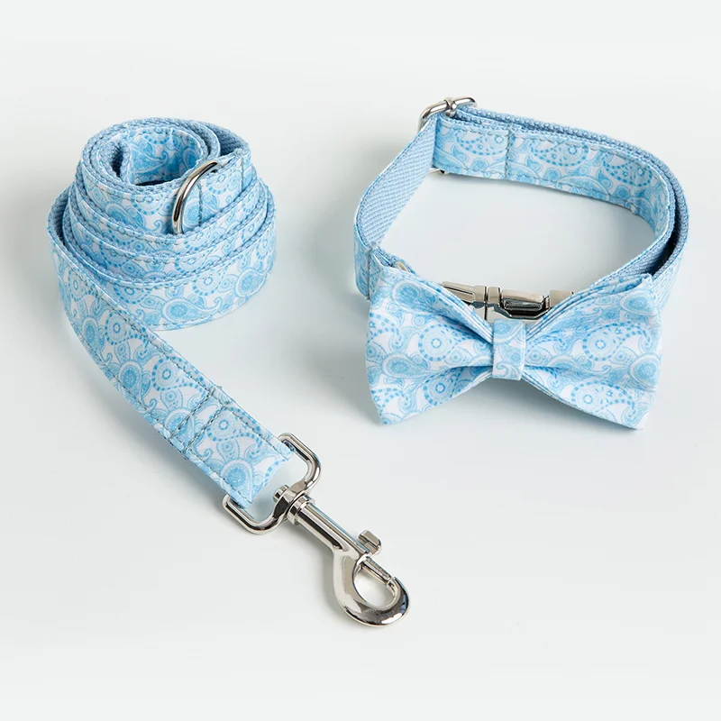 Personalized Blue Paisley Dog Collar Leash With Bow Tie Set Free Engraved Nameplate For Small Medium Large | Дом и сад