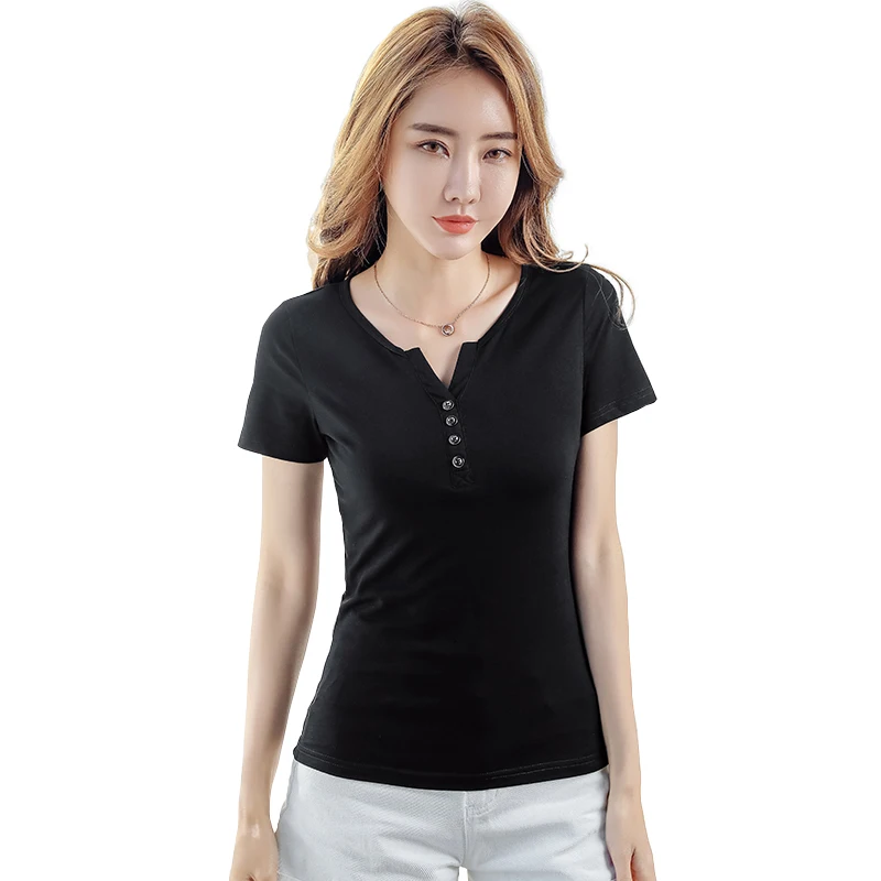 Summer Women T Shirt Short Sleeve Self-cultivation Within Button Cotton Jacket Close Show Solicitude All-match Clothes Basic Tee | Женская
