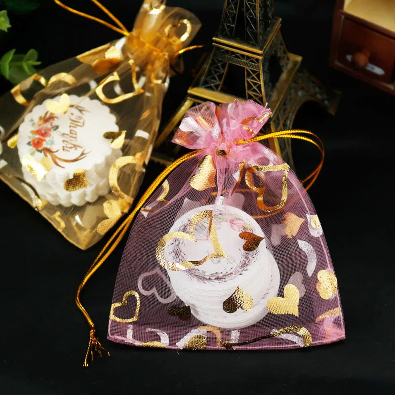 

5pcs Organza Bag Gold Silver Heart Design Adjustable Jewelry Packing Bag Drawstring Wedding Gift Candy Bags Pouches Party Supply