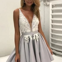 Новинка, кружевное платье для выпускного вечера, ТРАПЕЦИЕВИДНОЕ/принцесса, v-образный вырез, без рукавов, атласная аппликация, Короткие/Мини платья, вечерние