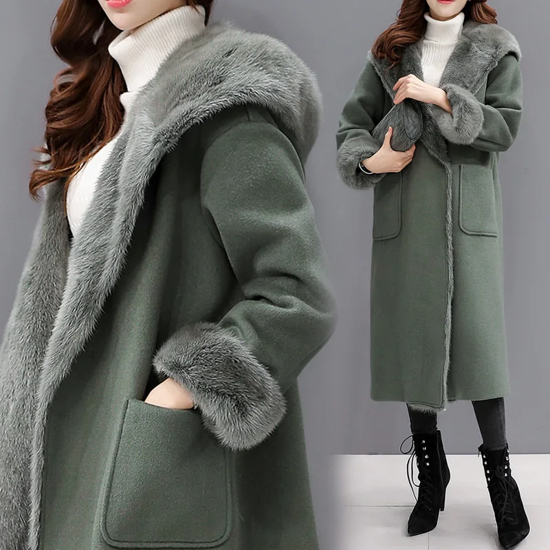 Длинное шерстяное пальто женский меховой воротник куртка с капюшоном зима плюс размер свободная корейская мода Толстая теплая шерстяная куртка Женское пальто