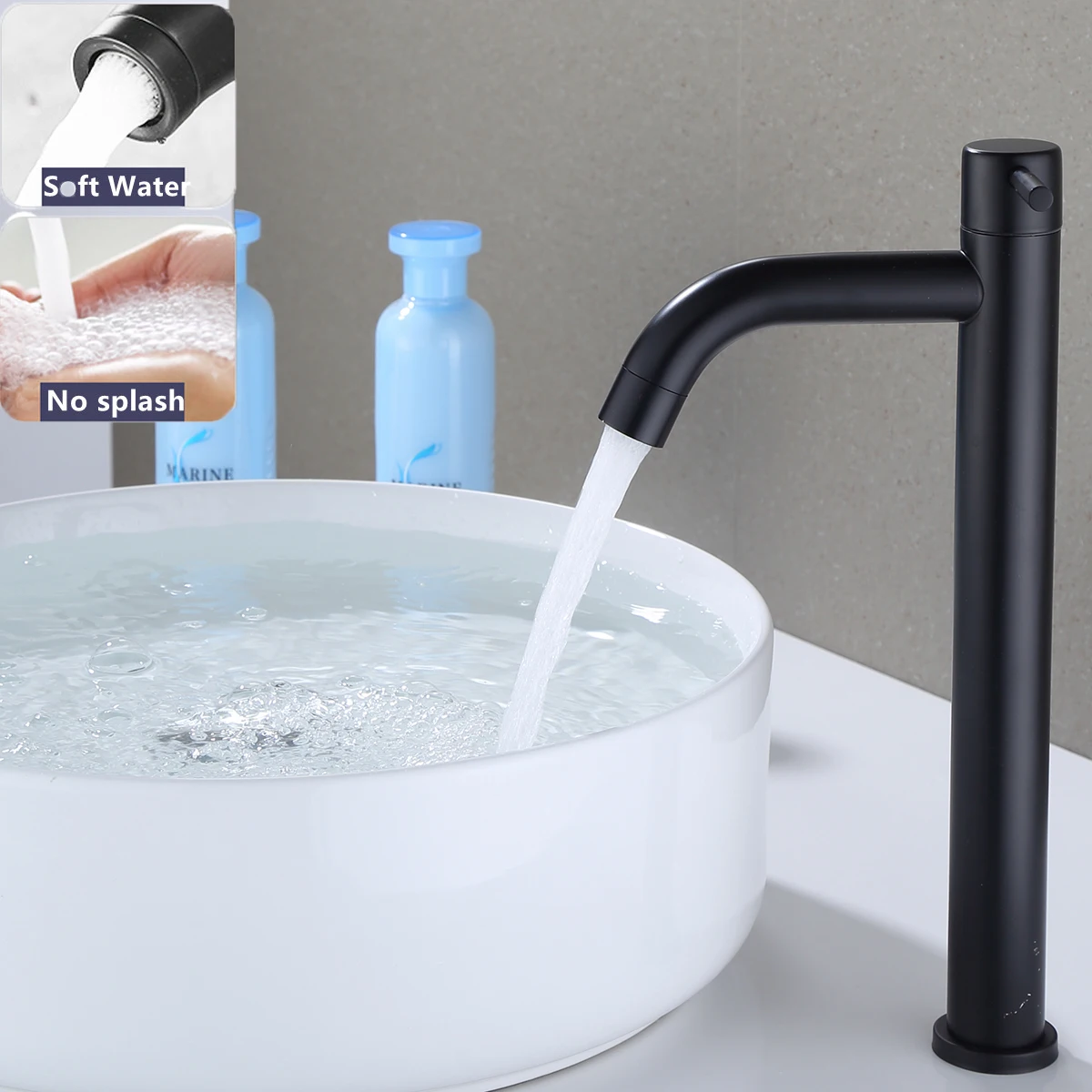 2022 Black Tall Basin Sink Faucet Slim Bathroom Single Cold Water Stainless Steel Deck Mounted Tap Crane | Обустройство дома