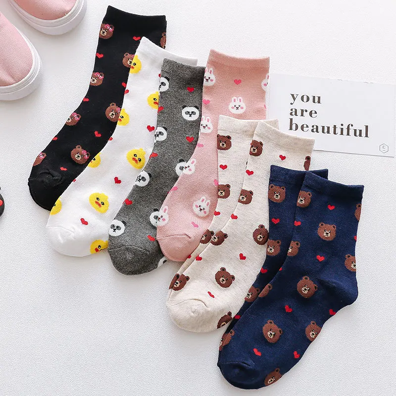 Женские Забавные милые носки розового, белого и черного цвета; удобные хлопковые носки с изображением медведя и животных; персонализированные милые мягкие носки с сердечками