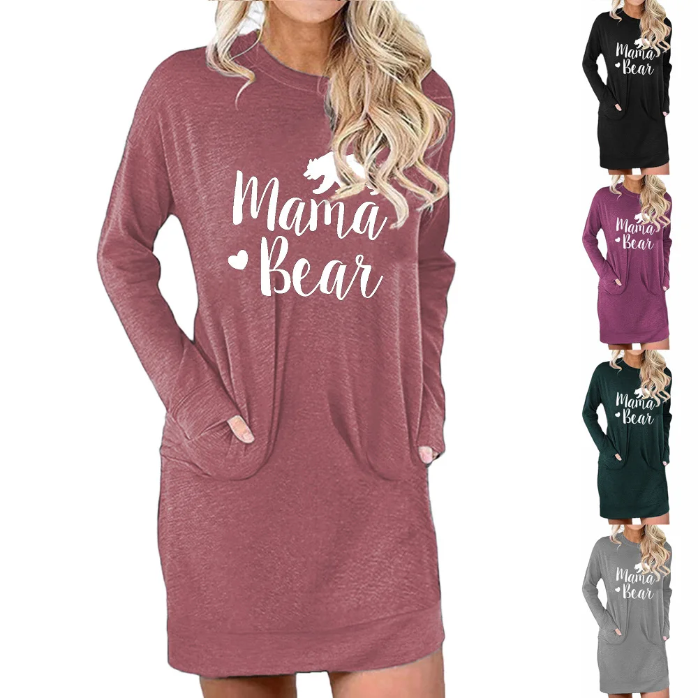 

Print Loose Fashion Dress Autumn Winter New Style Mama Bear Letters Loose Printing Mid-length Pocket Dress