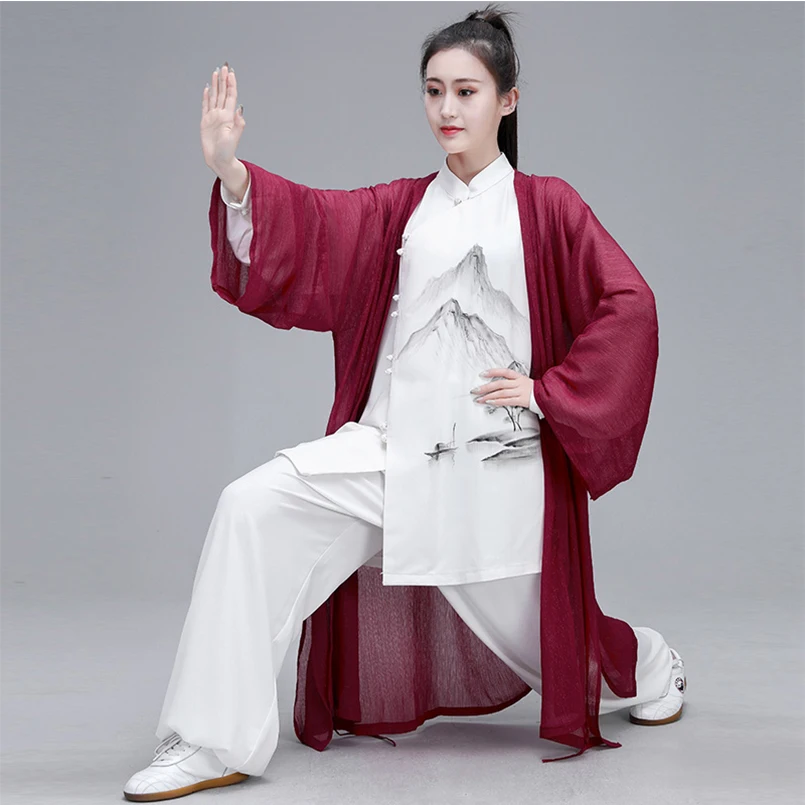 Женский Hanfu Taiji наборы одежды костюм Тан кунг-фу изысканный элегантный тай-чи из трех предметов одежды боевых искусств шаль чернильная живопись