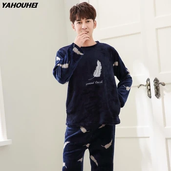 

2019 Winter Long Sleeve Flannel Pajamas Sets For Men Thick Warm Coral Velvet Pyjama Pijama Male Print Sleepwear Homewear Clothes