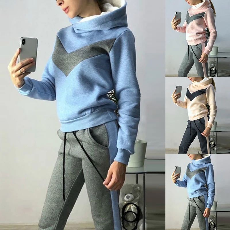 

2019 Winter Sports Hoodies Sportswear Suits Women Running Hoody Tracksuit Women Clothing Patchwork Fleece Sweat Pant Suit Autumn