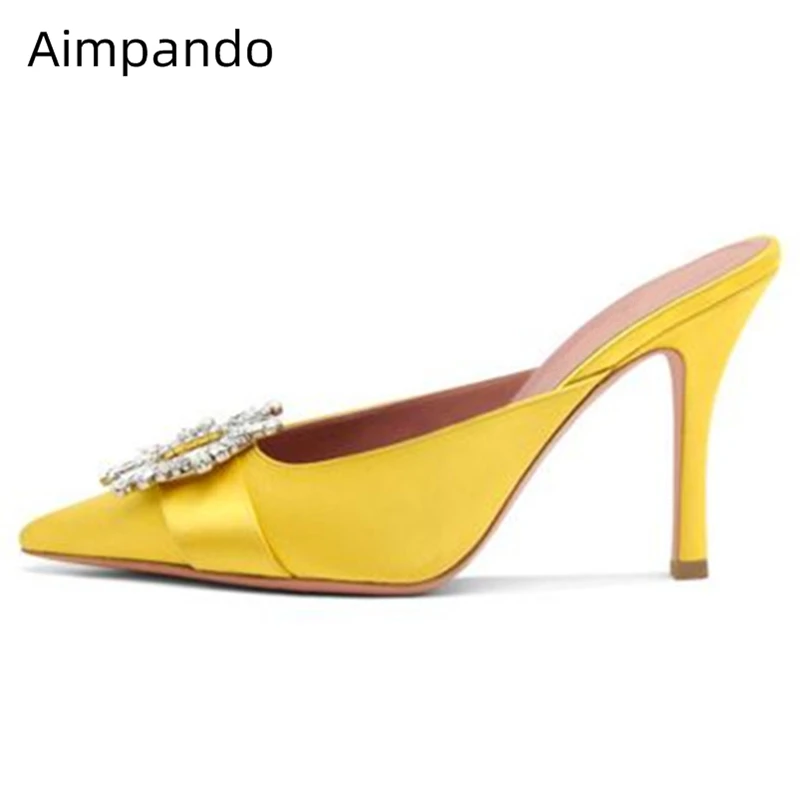 

Luxury Diamond Slippers Women Slim Shallow Decor Crystal Sunflower Party Slides Point Toe High Stiletto Heel Slippers Women