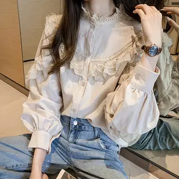 

Women Shirt Retro Spring Puff Sleeve Sweet Lace Round Collar Loose Shirt