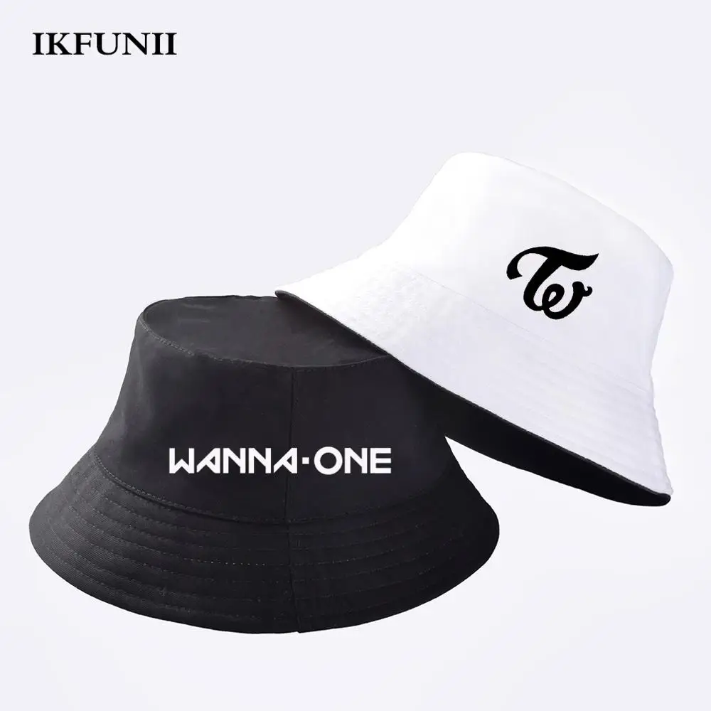 

IKFUNII kpop Twice Wanna One Cavas Bucket Hats Simple Sun Hat Basic Beach Partner Fanamde Gift (White Black Yellow)