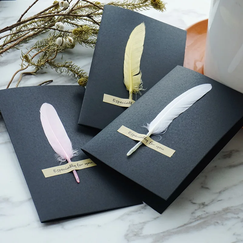 Black High-grade Stereoscopic card envelope 1pc True feathers greeting card invitation holding thanks you cards kawaii