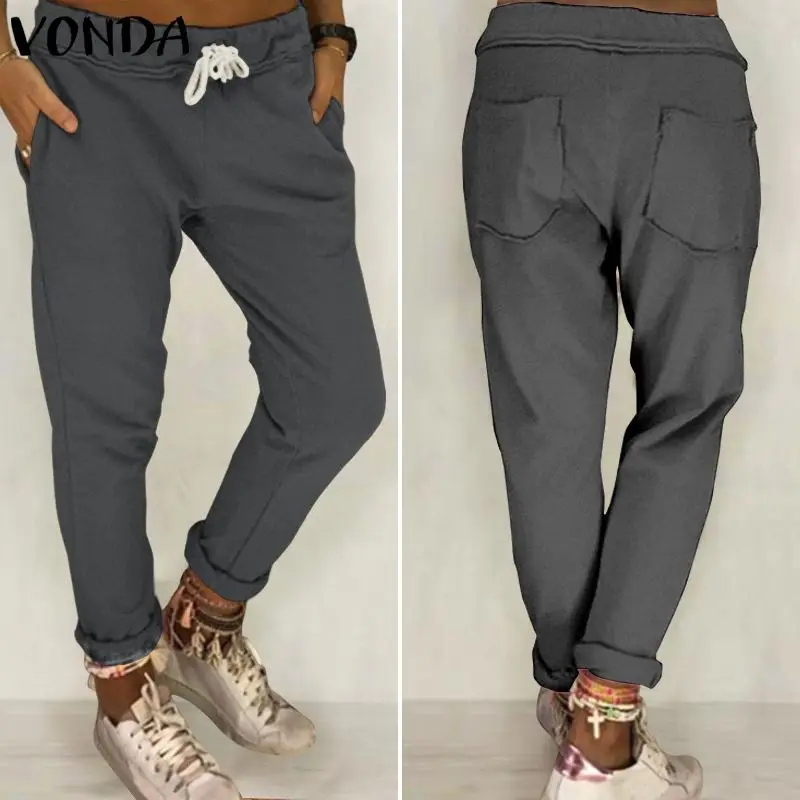 

VONDA Women Summer Long Pants Casual Solid Color Trousers Plus Size Elastic Waist Drawstring Trousers Autumn Winter Sport Bottom
