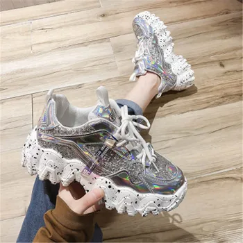 

Spring Women's Chunky Sneakers Fashion Women Platform Shoes Bling Sequined Lace-Up Vulcanize Shoes Female Trainers Dad Shoes