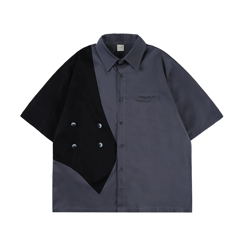 Japanese Retro Color Block Lapel Mens Spring Summer Shirts Hip Hop Oversized Short Sleeve Harajuku Couple Tops |