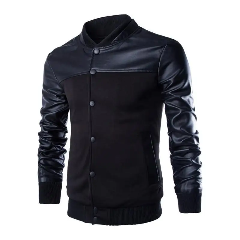 New autumn and winter men's stitching baseball uniform jacket PU leather stitching jacket  leather patchwork stand mens coats 2