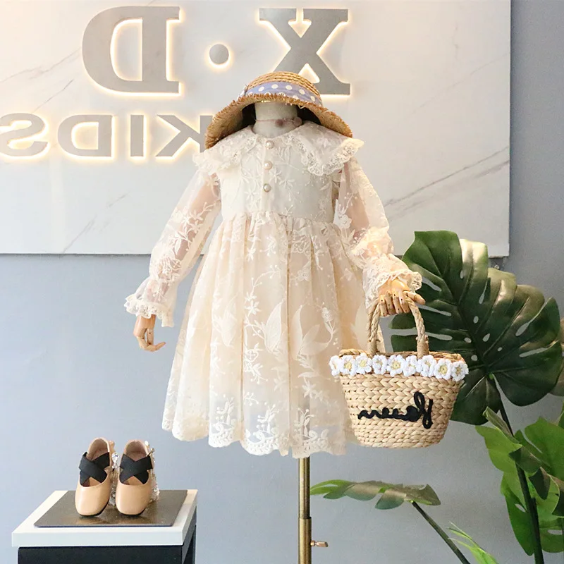 

Girls Dress 2019 Autumn Cotton Full Sleeves Lace Embroidery Children Clothes Dress