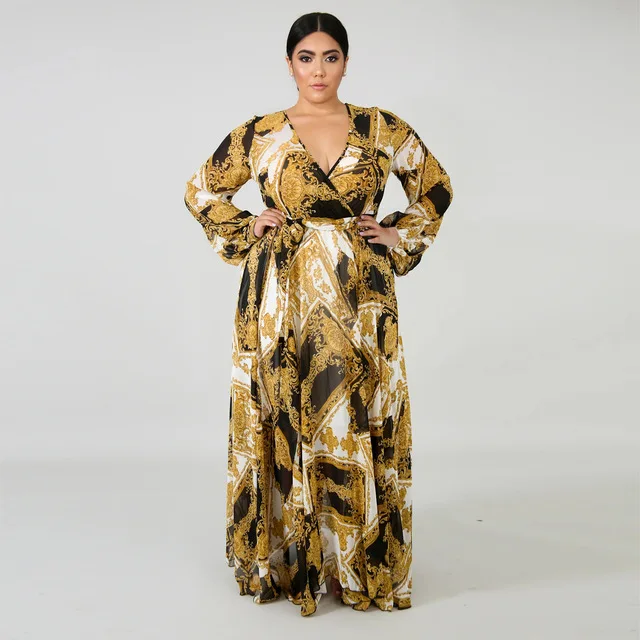 2021 Chiffon Long Sleeve Cross V-Neck Maxi Dress Bohemia Dress Full Plus Size Celebrity/Graduation/Dinner Dress Beach Sundress D5502 Yellow