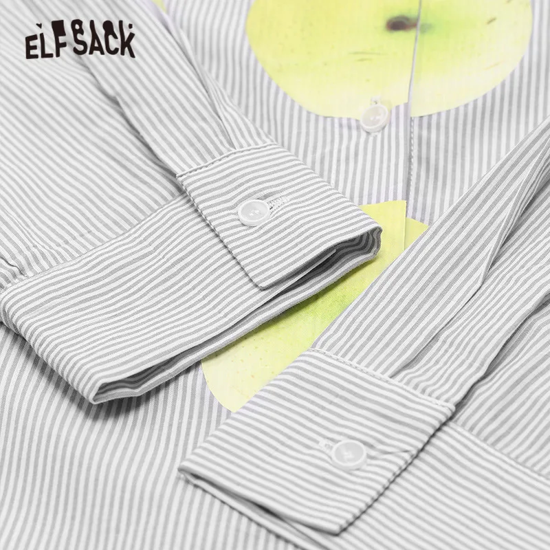 ELFSACK, полосатая женская блуза с принтом, осень, однобортная, с длинным рукавом, повседневная, офисная, для девушек, рубашки