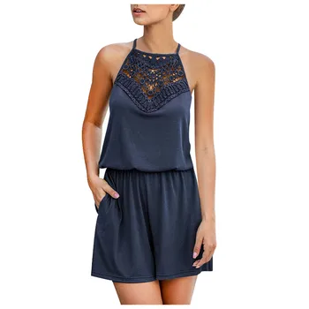 

Women Solid Hollow Out Sleeveless Halter Short Jumpsuit Playsuit With Pockets Fashionable Breathable Comfortable Bodysuit #YL10