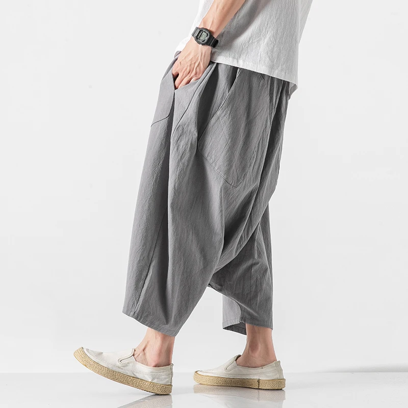 Cotton Linen Men Wide Leg Pants Summer Men Casual Calf-Length Pants Male Track Solid Big Pocket Baggy Trousers Wide Leg Pants