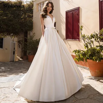 

Smileven Satin Princess Wedding Dresses Vestido De Noiva V Neck Sleeveless Bride Dress Lace Back Wedding Gowns