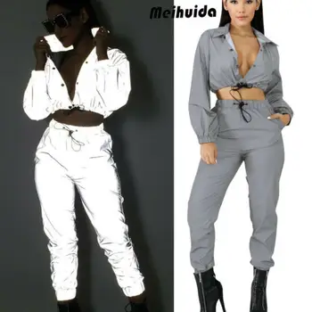 

Women Fashion Reflective Zipper Long Sleeve Top Casual Club Sport Jumpsuit 2pcs